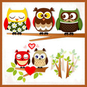 Set of five owls with various emotions.