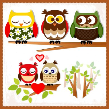 Set of five owls with various emotions. clipart