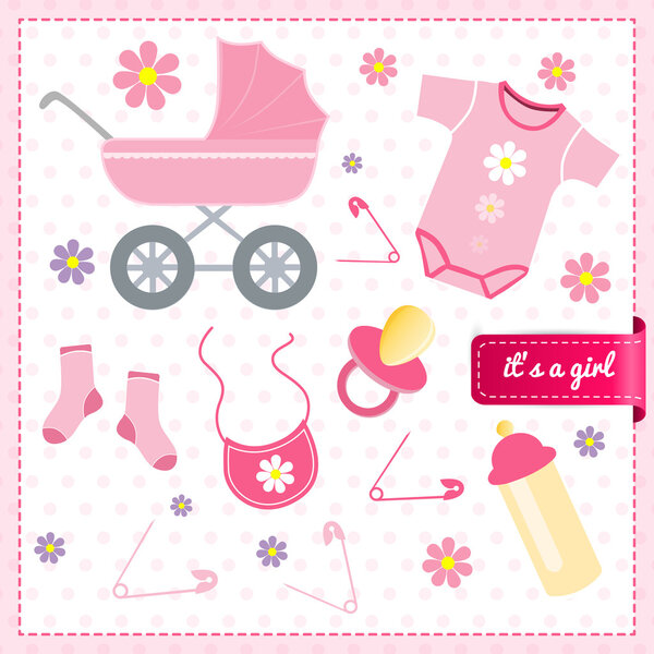 Baby girl announcement card. vector illustration