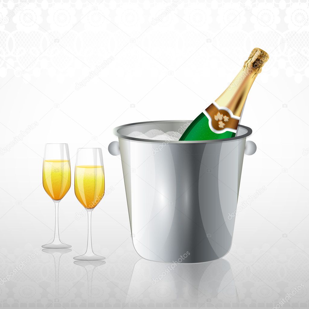 Full glasses and a bottle of champagne in a bucket with ice