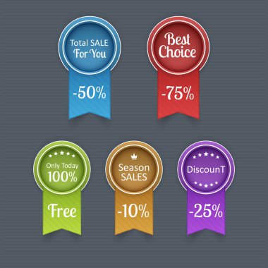 Sale tags with discount 10 - 75 percent text clipart