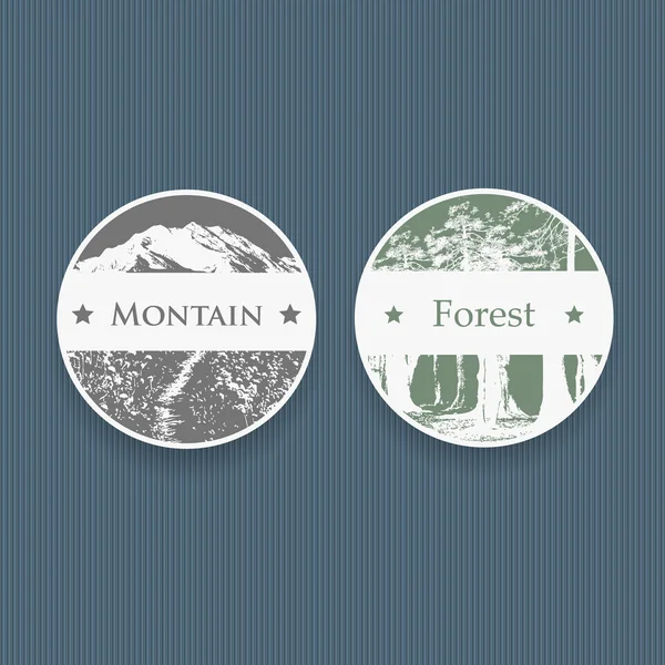 山と森のレトロなビンテージ スタイルのラベル — ストックベクタ