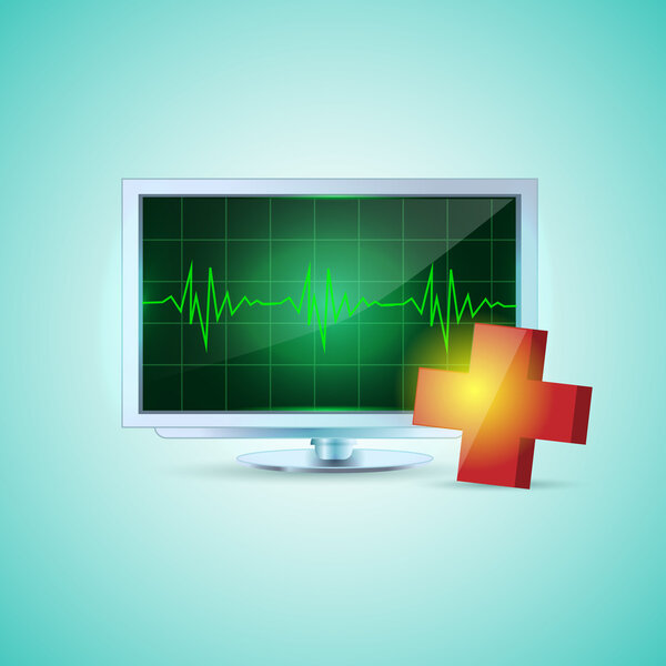 A flat screen on turquoise and medical cross. Colorful display shows a heartbeat