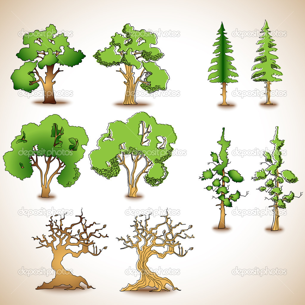 Vector set of green trees.