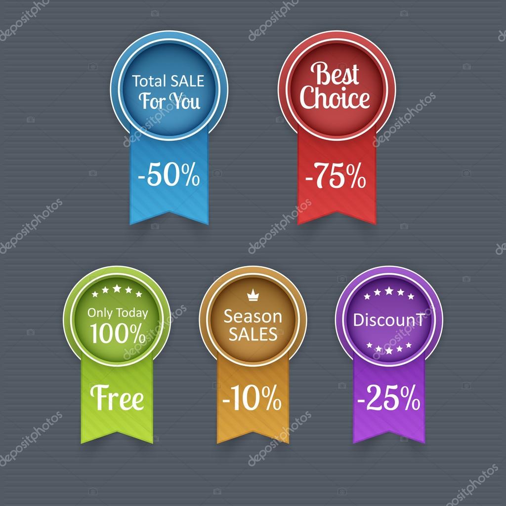 Sale tags with discount 10 - 75 percent text