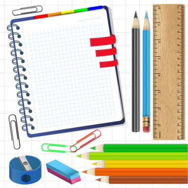 Close up of various school items.Vector illustration. clipart