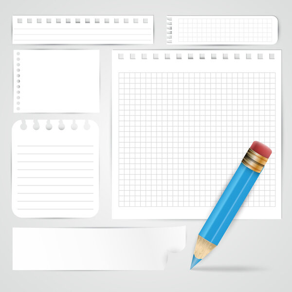 Blue pencil and paper sheets on grey background - vector