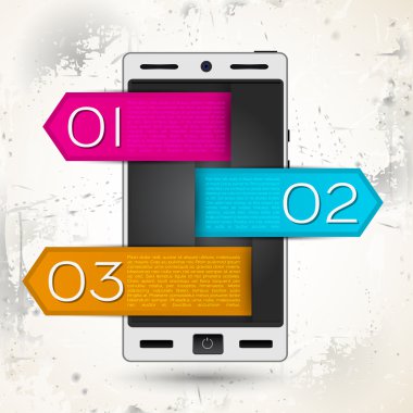 White Smart phone on retro background whith 1 2 3 tegs clipart
