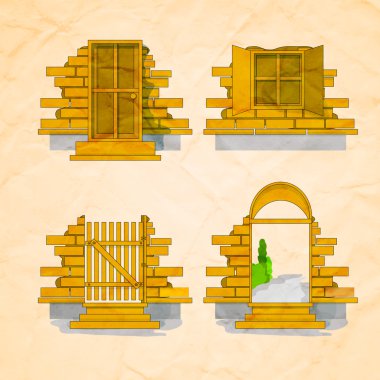 Illustration of a door and windows in and out version with bricks clipart