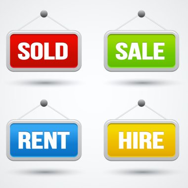 Signs depicting for sale, sold and for rent on white background clipart