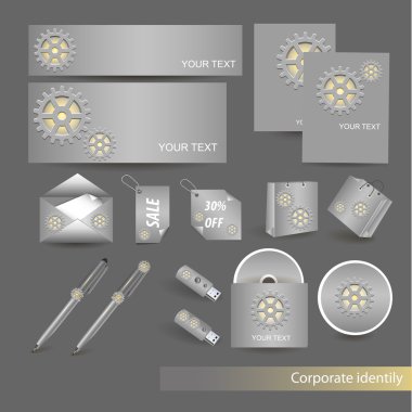 Office supplies - paper of different types, pens, USB flash drive and CD with cogwheel. Illustration on grey background. clipart