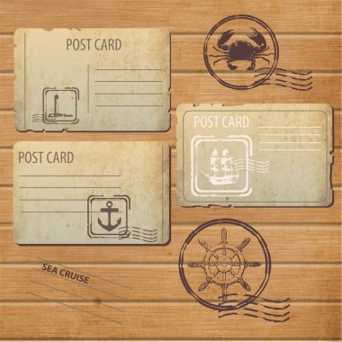 Antik kartpostallar - 3 vintage kartpostal tasarımları ve pulları kümesi