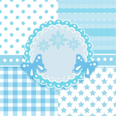 Vector set of circle frame and 4 seamless background patterns in light blue clipart