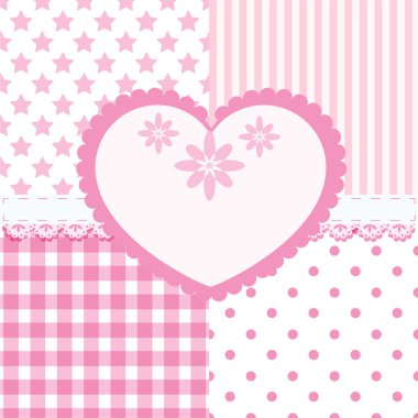 Vector set of heart and 4 seamless background patterns in light pink clipart