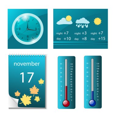 Set of weather icons, clock, calendar clipart