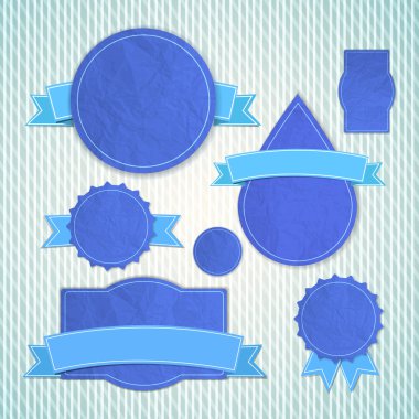 Blue textured vintage emblems of different shapes with bent empty ribbon tapes over clipart