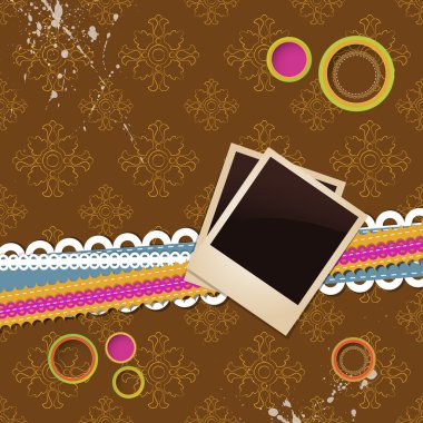 Two Blank Aged Photo Frames on brown background with bright elements clipart