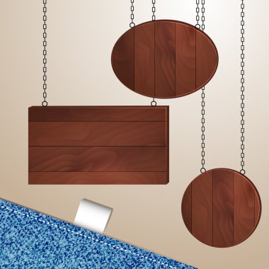 Wooden boards hanging on metal chains clipart