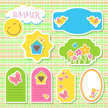Birds and flowers. Vector set of stickers clipart