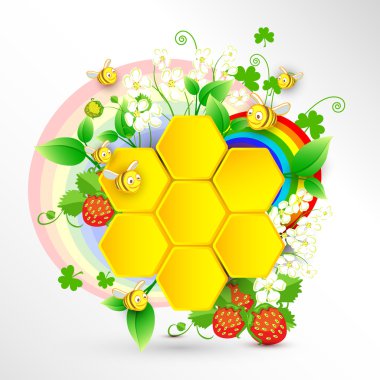 Bees and honeycombs over floral background with rainbow clipart