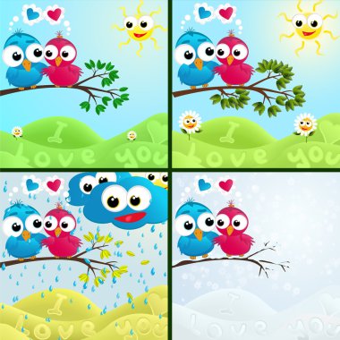 Four couples of birds sitting on branches in different weather clipart