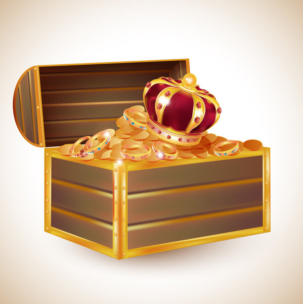 векторный антикварный сундук, полный сверкающих сокровищ, включая корону, иллюстрацию золотых монет
