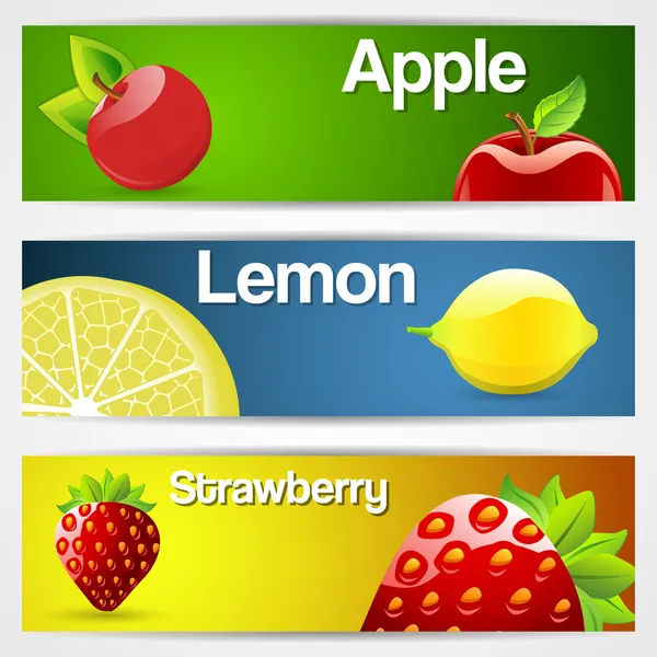 Conjunto Tres Pancartas Frutas Limón Fresa Cereza — Vector de stock