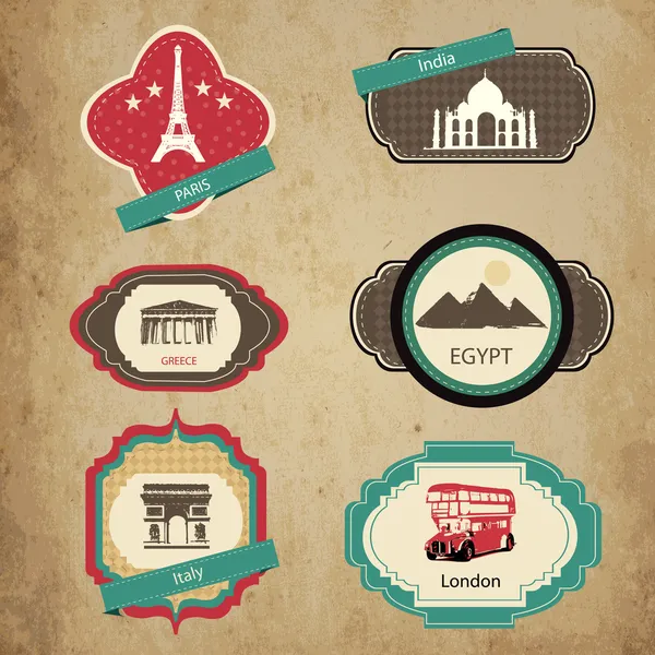 Iconos Viaje Vintage Pegatinas Viaje Conjunto — Vector de stock