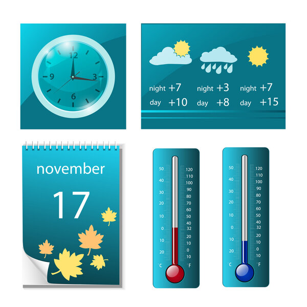 Set of weather icons, clock, calendar