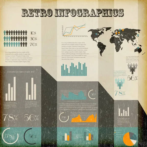 Conjunto Infografías Retro Mapa Del Mundo Gráficos Información — Vector de stock