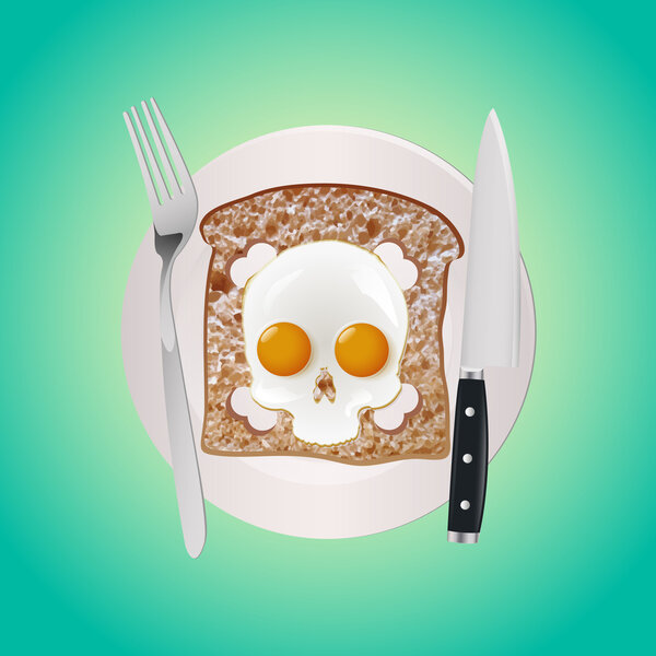 Fried eggs as a skull on the white plate and fork, knife on green background