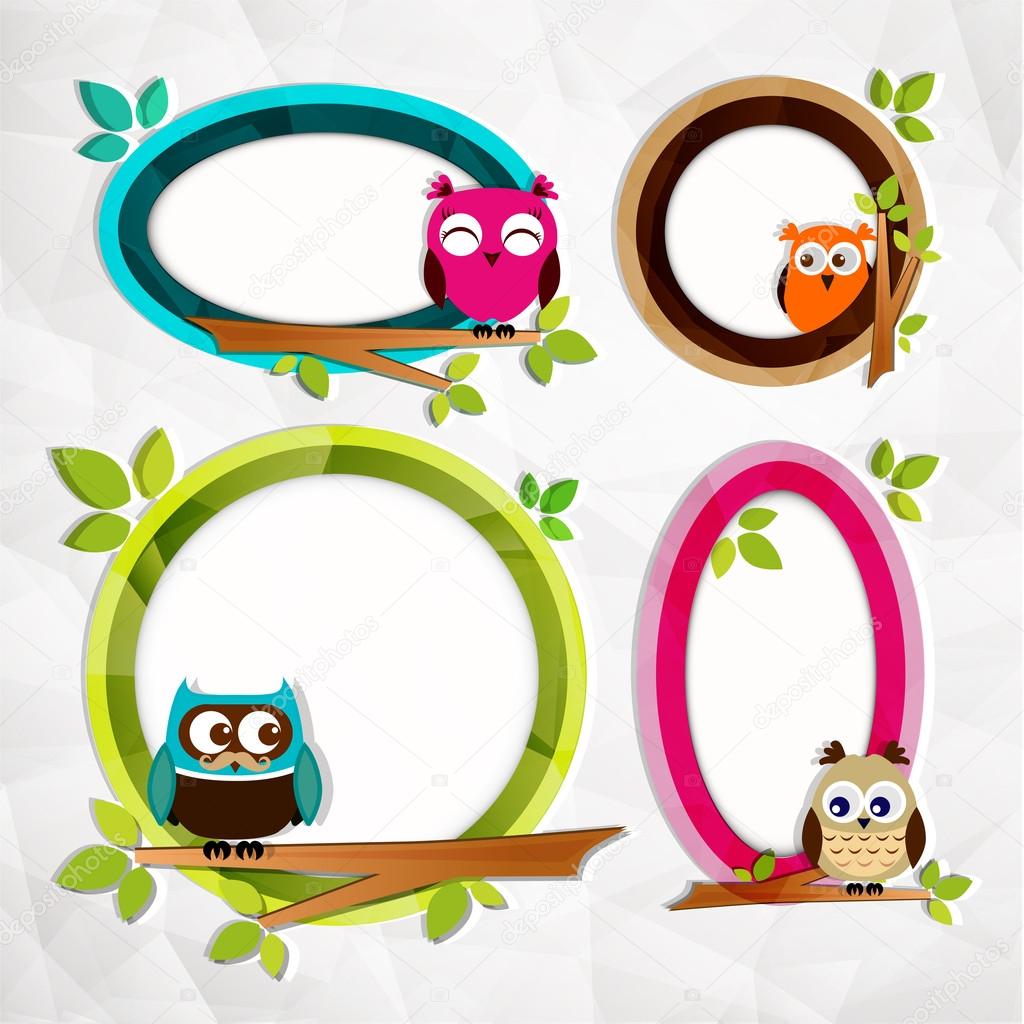 Set of three owls themed frames. Vector illustration