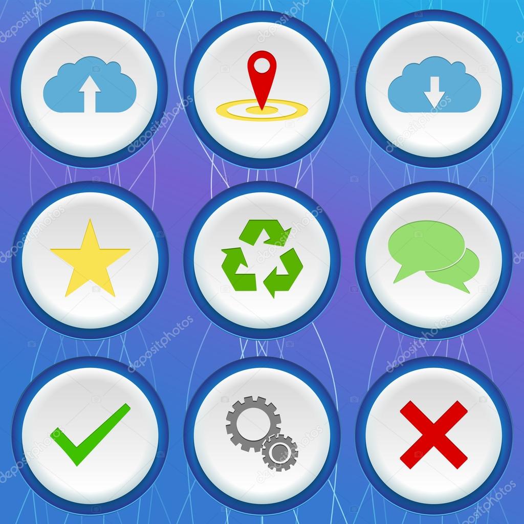 Set of nine 3d colored icons with different signs on blue background