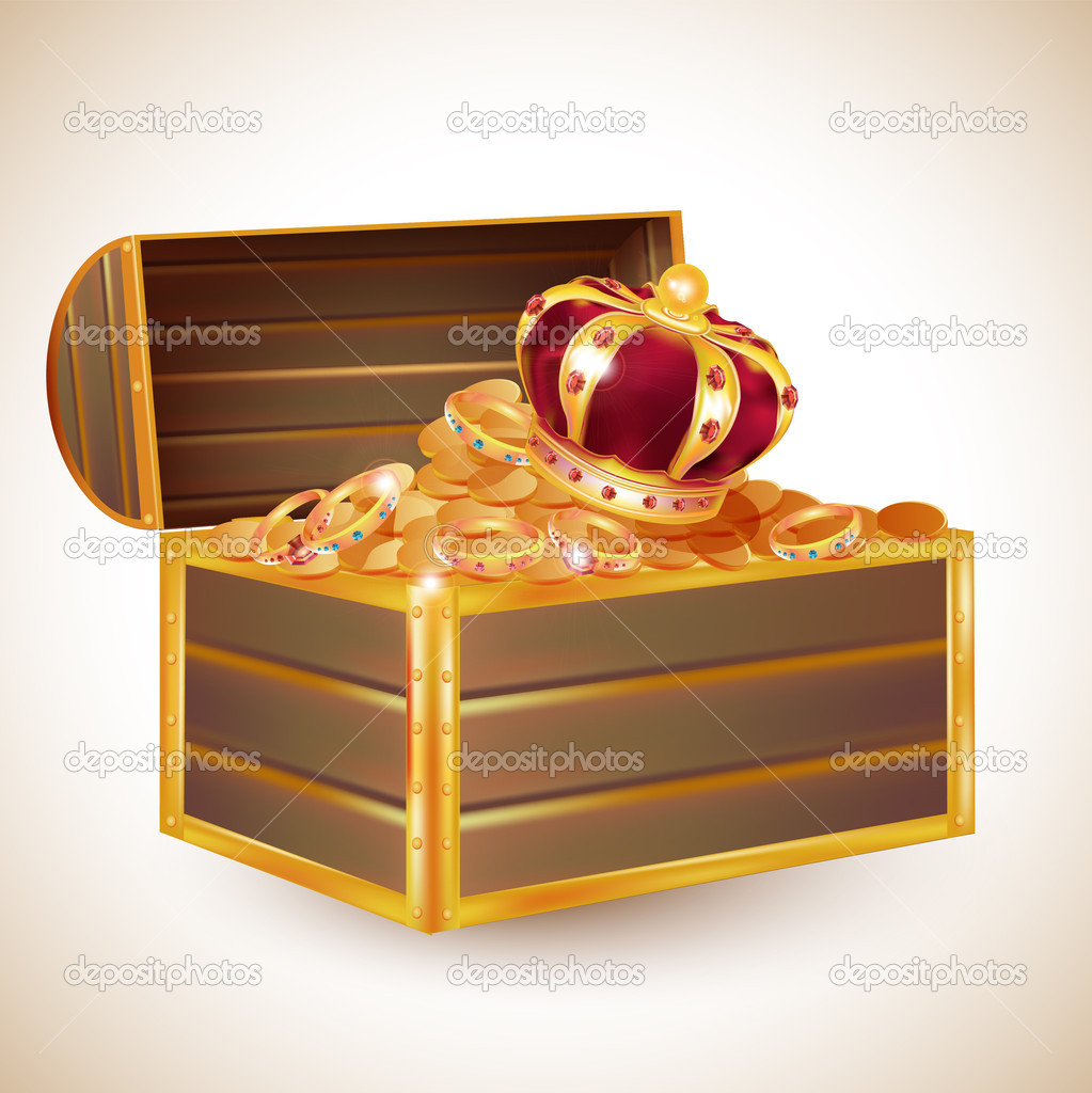 vector antique chest full of glimmering treasure, including a crown, gold coins illustration