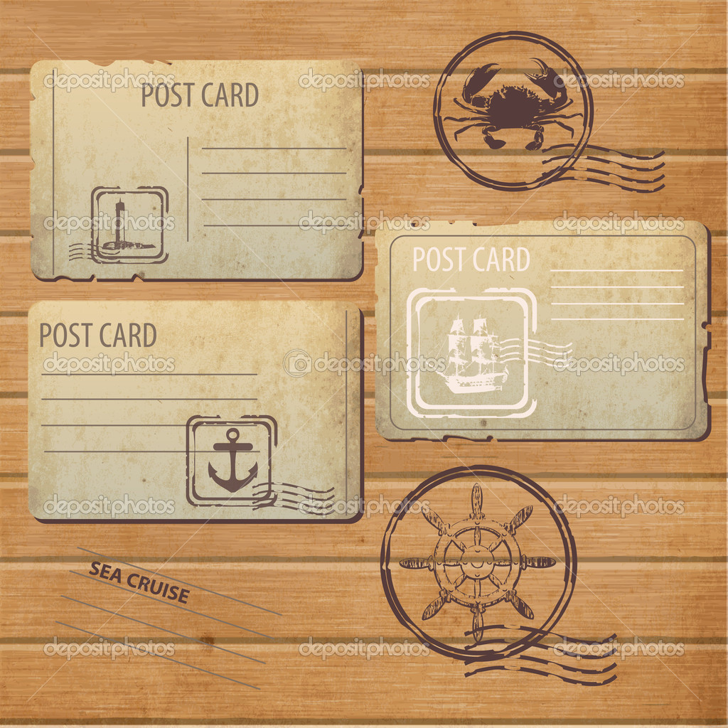 Antique postcards - set of 3 vintage postcard designs and postage stamps