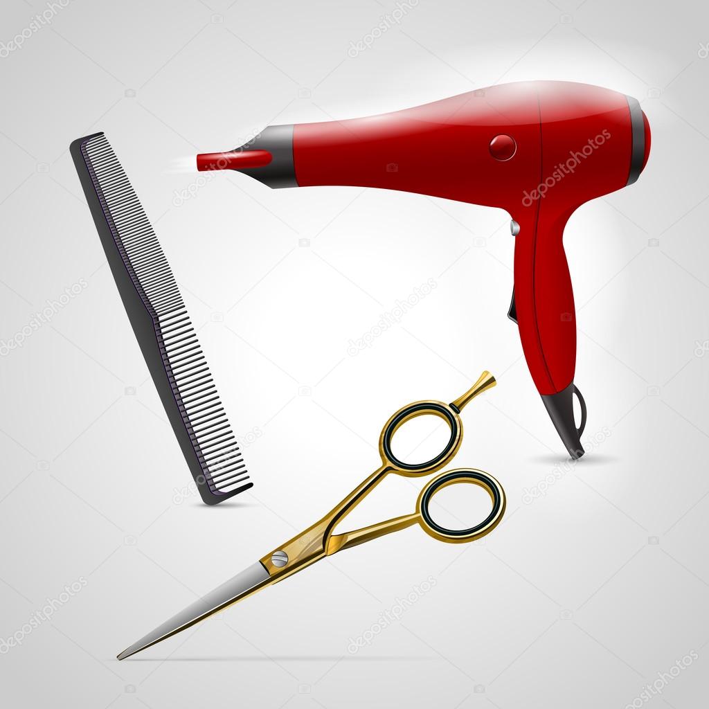 Vector barber shop icons. Scissors, comb and hair dryer