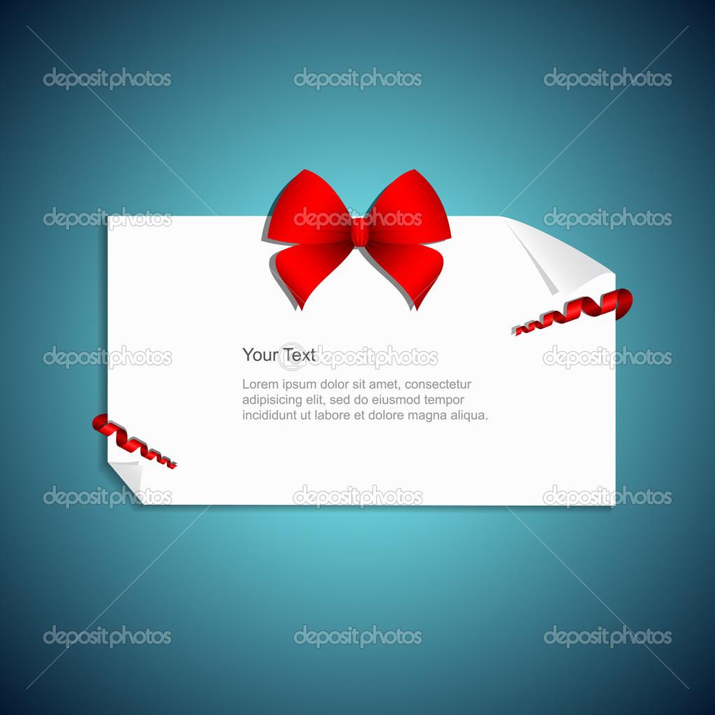 Gift card with red gift bow with ribbon. Vector illustration.