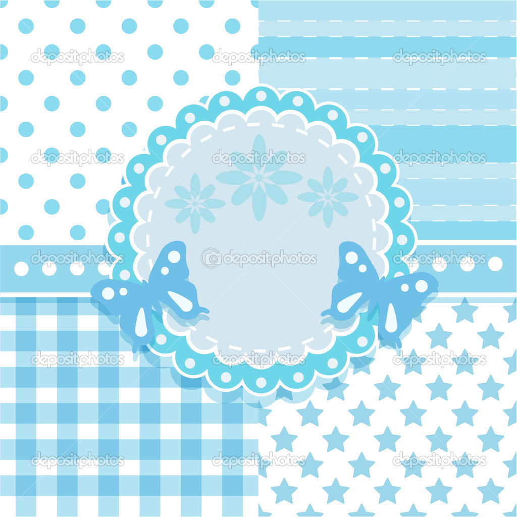 Vector set of circle frame and 4 seamless background patterns in light blue