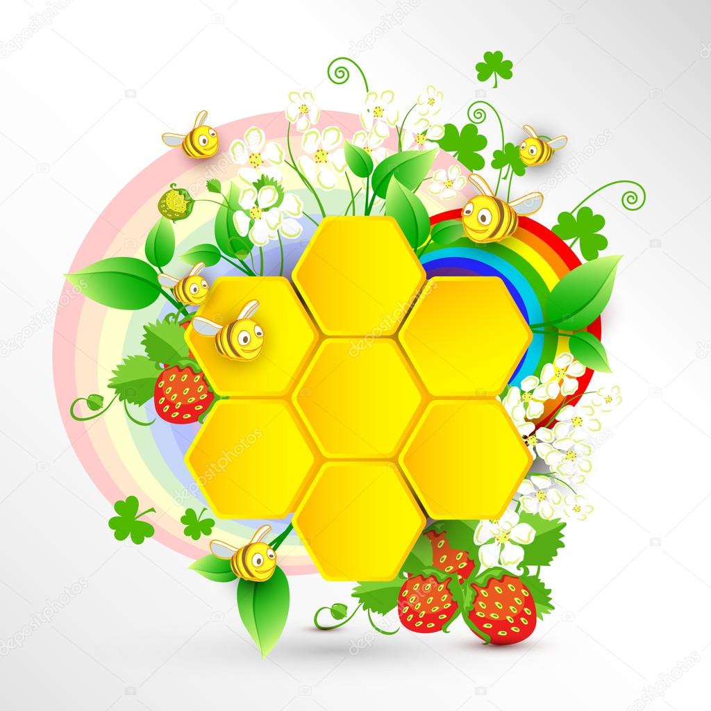 Bees and honeycombs over floral background with rainbow
