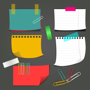 Paper notes with paperclip. Set of vector clipart