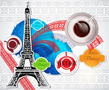 Eiffel tower and coffee over vintage background. vector illustration clipart