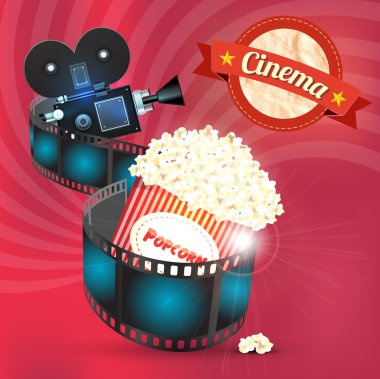 Box of popcorn and film reel. Vector illustration clipart