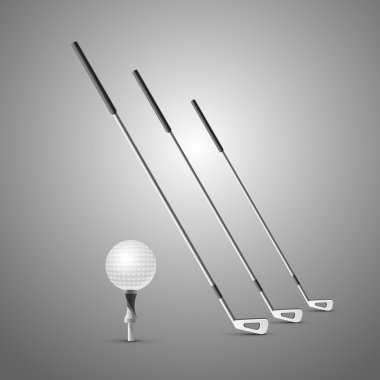 Three golf clubs and ball. Vector illustration isolated on gray background clipart