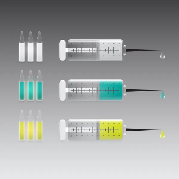 医疗注射器与多彩液体 — 图库矢量图片