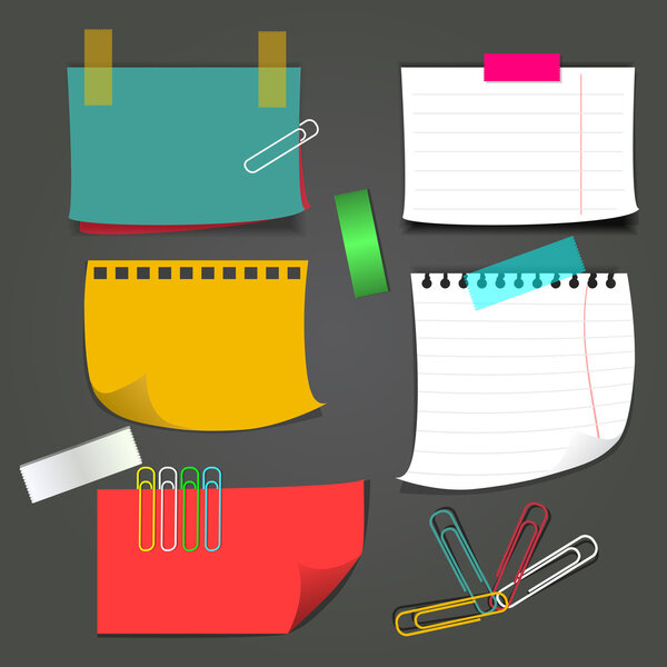 Paper notes with paperclip. Set of vector