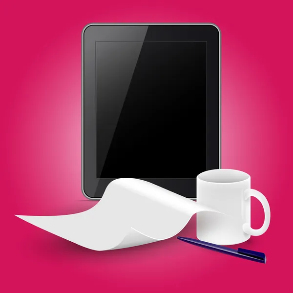 Tablet Ordenador Con Taza Café Ilustración Vectorial — Archivo Imágenes Vectoriales