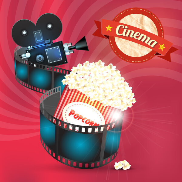 Box of popcorn and film reel. Vector illustration