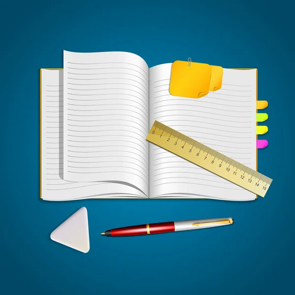 Open Notebook Pen Eraser Ruler — Stock Vector