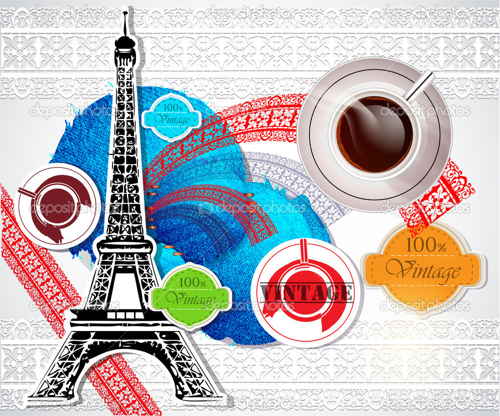 Eiffel tower and coffee over vintage background. vector illustration