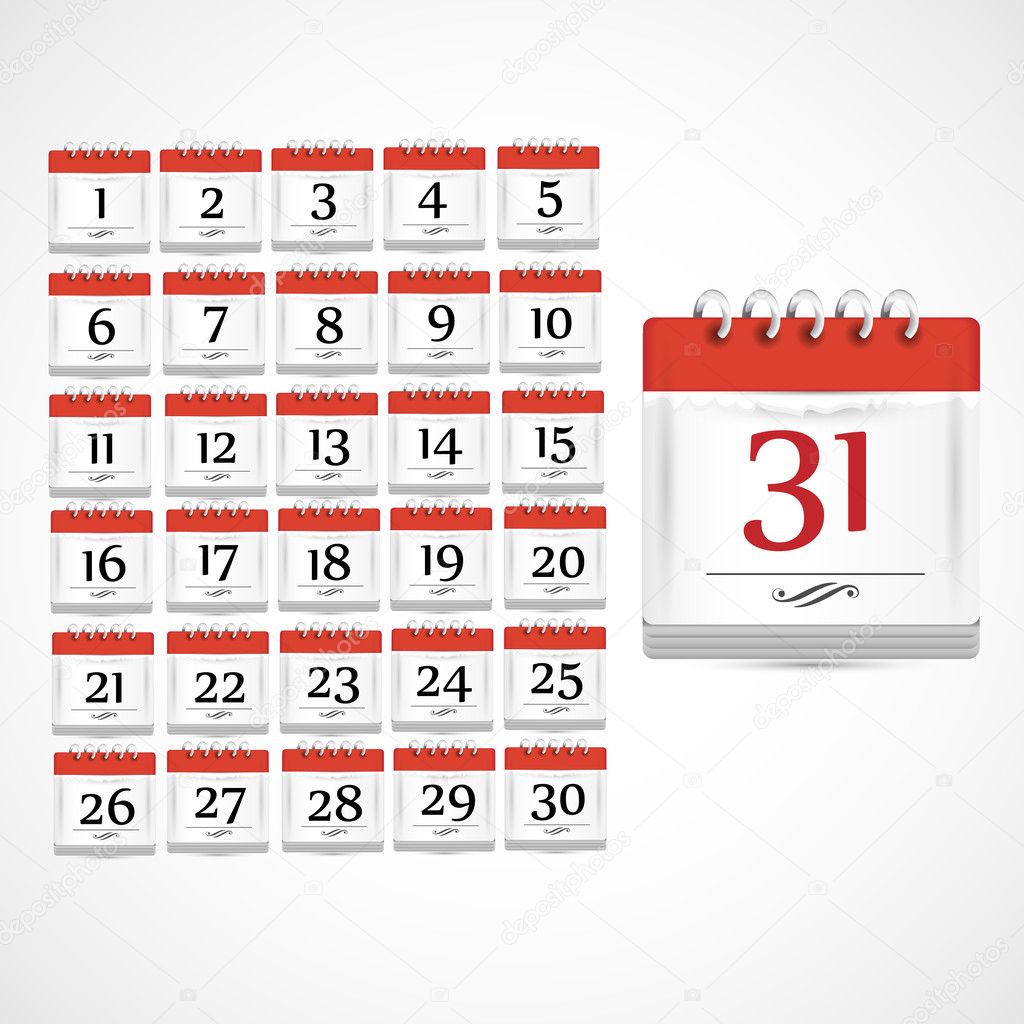 Set of red calendar icon with days of month